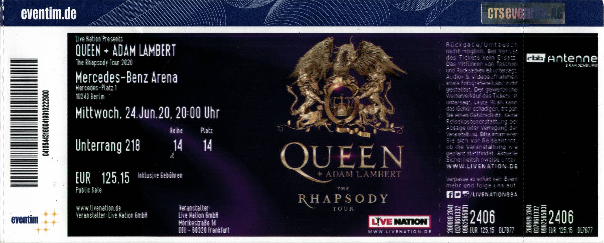 Ticket stub - Queen + Adam Lambert live at the Mercedes-Benz Arena, Berlin, Germany [24.06.2022]