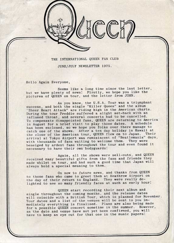 1975 official fan club newsletter