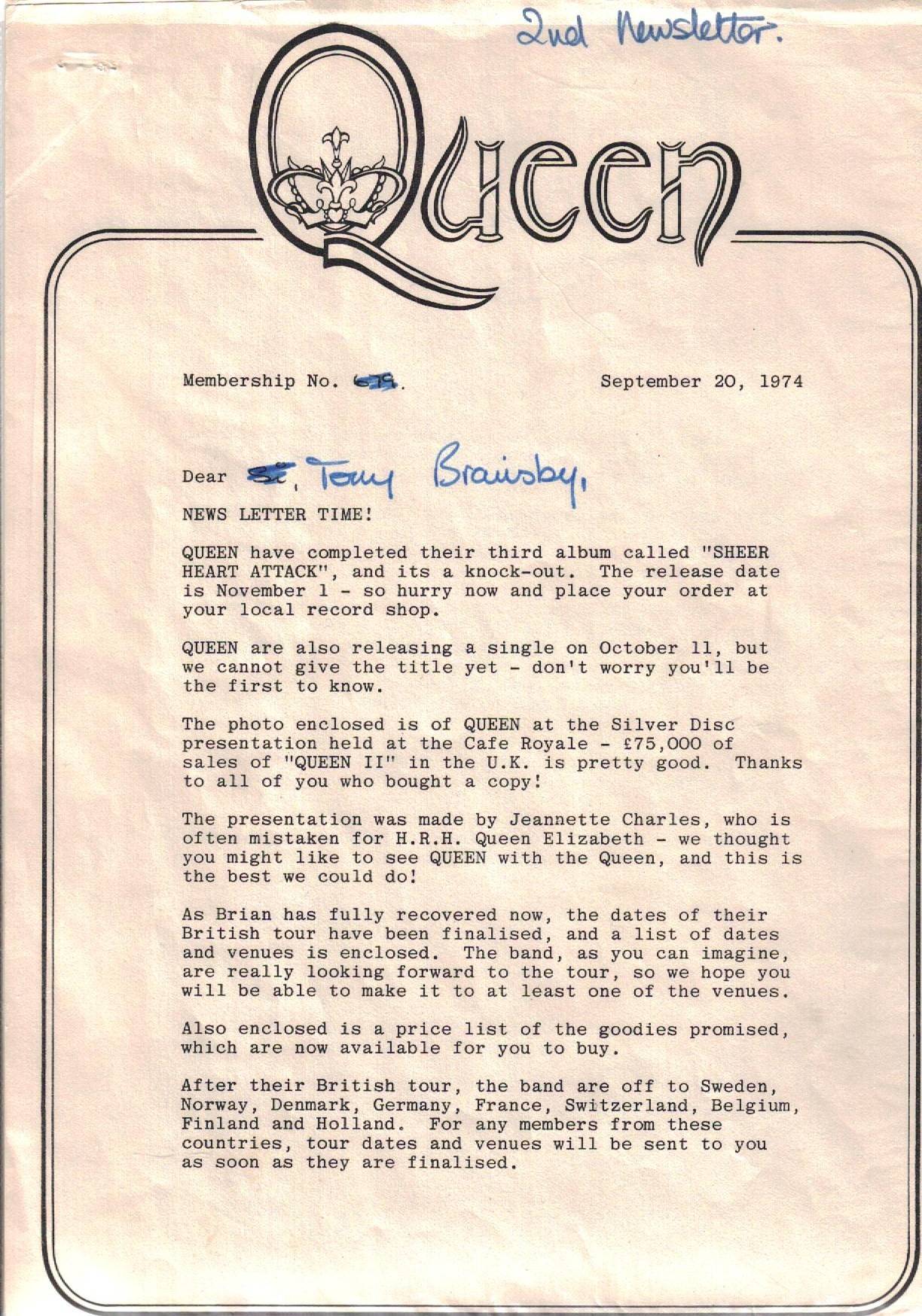 September 1974 Queen newsletter